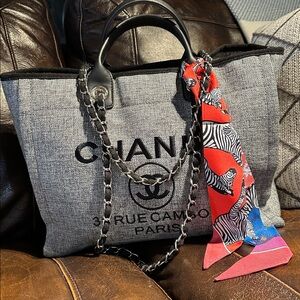 Designer inspired Grey Logo Tweed Style Everyday Shopping Tote.